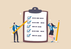 Task checklist, clipboard with to do list checkmark, task management to track work completion, accomplishment, survey or questionnaire concept, business people with pencil and checklist clipboard.