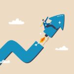 Photo illustrating businessperson riding a rocket.