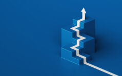 Most LPs don’t expect CV activity to decline when exits improve A white arrow painted on the blue floor climbs isometric steps