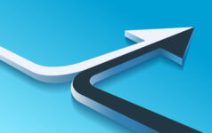 Two 3d arrows merging. Black and white arrow merger partnership joining merging revival conjunction concept, abstract 2 line motions joining alliance vector illustration