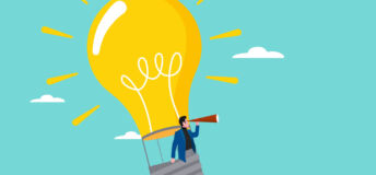 Illustration of a businessman riding a light bulb-shaped hot air balloon to observe business opportunities, looking for business opportunities with knowledge, business and motivational illustration; new idea; light bulb