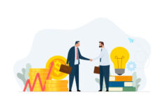 Concept financial Investments in creative projects and into innovation. Handshake of two businessman. Vector business illustration isolated on white background.