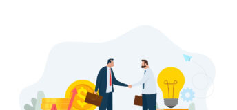 Concept financial Investments in creative projects and into innovation. Handshake of two businessman. Vector business illustration isolated on white background.