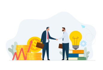 Secondaries Investor Advisory Survey 2025: Advisers broaden mandates beyond PE Concept financial Investments in creative projects and into innovation. Handshake of two businessman. Vector business illustration isolated on white background.