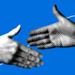 Hands in pointalist comic style, about to shake, on a blue background