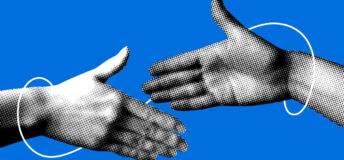 Hands in pointalist comic style, about to shake, on a blue background