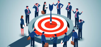 Illustration of a group of investigators circling around a magnifying glass with a target in the center. There is a dart in the middle of the target.