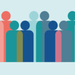 Simplified geometric illustration depicting many people stood beside each other