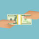 Human hand giving money to other hand. Holding banknotes. Isolated on blue background. Vector illustration