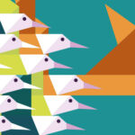 Illustration of a flock of birds, with one flying out in front of the rest