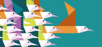 Illustration of a flock of birds, with one flying out in front of the rest