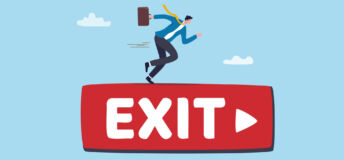 Exit strategy escape plan or challenge to choose successor before leaving company or ROI on investment before exit market, risk preparation, retirement decision, businessman running on exit sign.