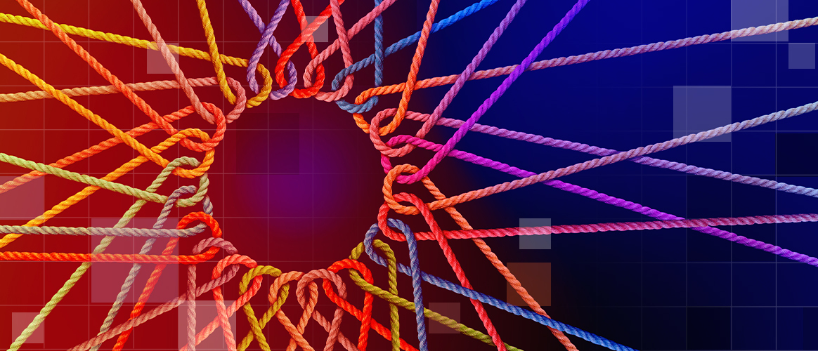 T9_PM2030_IC_2 Many threads intertwine like the spokes of a wheel to create a circle out of space, for the Private Markets 2030 Industry Consolidation theme