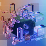 Floating translucent boxes isometrically arranged around a cube of grass, for the Private Markets 2030 Sustainability theme