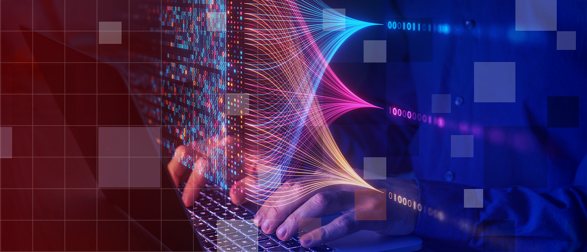 Streams of data converge for someone tapping on a laptop keyboard, for the Private Markets 2030 Artificial Intelligence theme