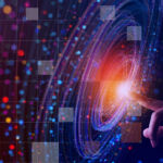 Finger points and interacts with a spiral of electronic data, for the Private Markets 2030 Artificial Intelligence theme