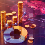 Piles of coins in a line stand besidge a doughnut chart upon a map of the world, for the Private Markets 2030 Public Markets theme