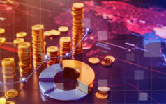 The rise and rise of take-privates Piles of coins in a line stand besidge a doughnut chart upon a map of the world, for the Private Markets 2030 Public Markets theme