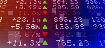 Listed stock exchange tickers display rising and falling prices, for the Private Markets 2030 Public Markets theme