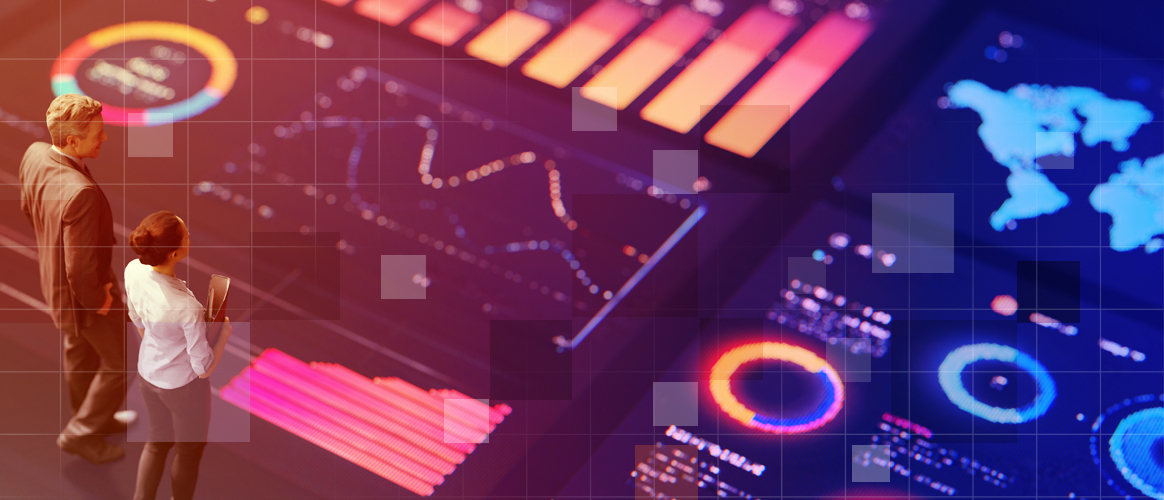 T9_PM2030_PublicMarkets_team analysis Two business people stand before several graphs and maps of the world, for the Private Markets 2030 Public Markets theme