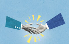 Overbay receives backing from Charlesbank funds Illustration of two businesspeople shaking hands