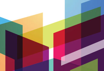 Coloured, translucent isometric shapes overlapping each other