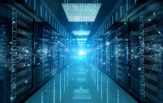 Connection network in dark servers data center room storage systems 3D rendering.