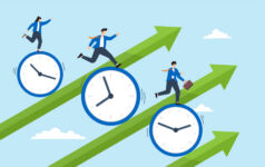 Secondaries Investor Q1 2026 CV Deal Log Business people riding clock on rising graph arrow