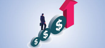 figure walking up disc steps made of $ signs towards an upward arrow