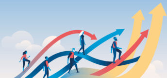 People walk on upwards pointing arrows.