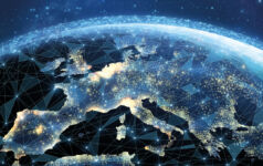 A digital rendering of the view of Europe from space