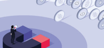 An illustration of a businessman standing on top of a large magnet that is pulling coins toward it