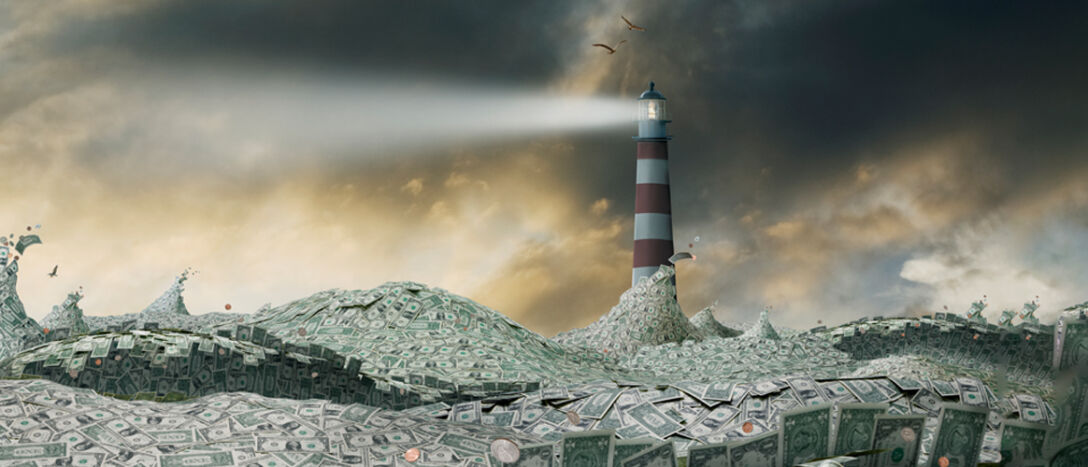 An illustration of a lighthouse amidst a sea made of US dollar notes