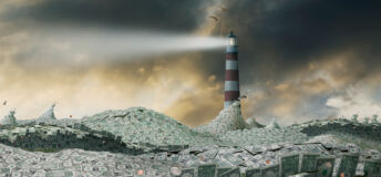 An illustration of a lighthouse amidst a sea made of US dollar notes
