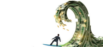 An illustration of a businessman riding a wave comprised of dollar notes
