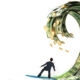 Private real estate rides the recap wave An illustration of a businessman riding a wave comprised of dollar notes