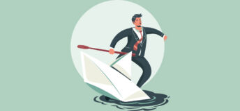 An illustration of a businessman standing on a paper boat