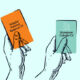 Illustrations of hands holding up trading cards featuring the names of continuation vehicles and icons of the asset type